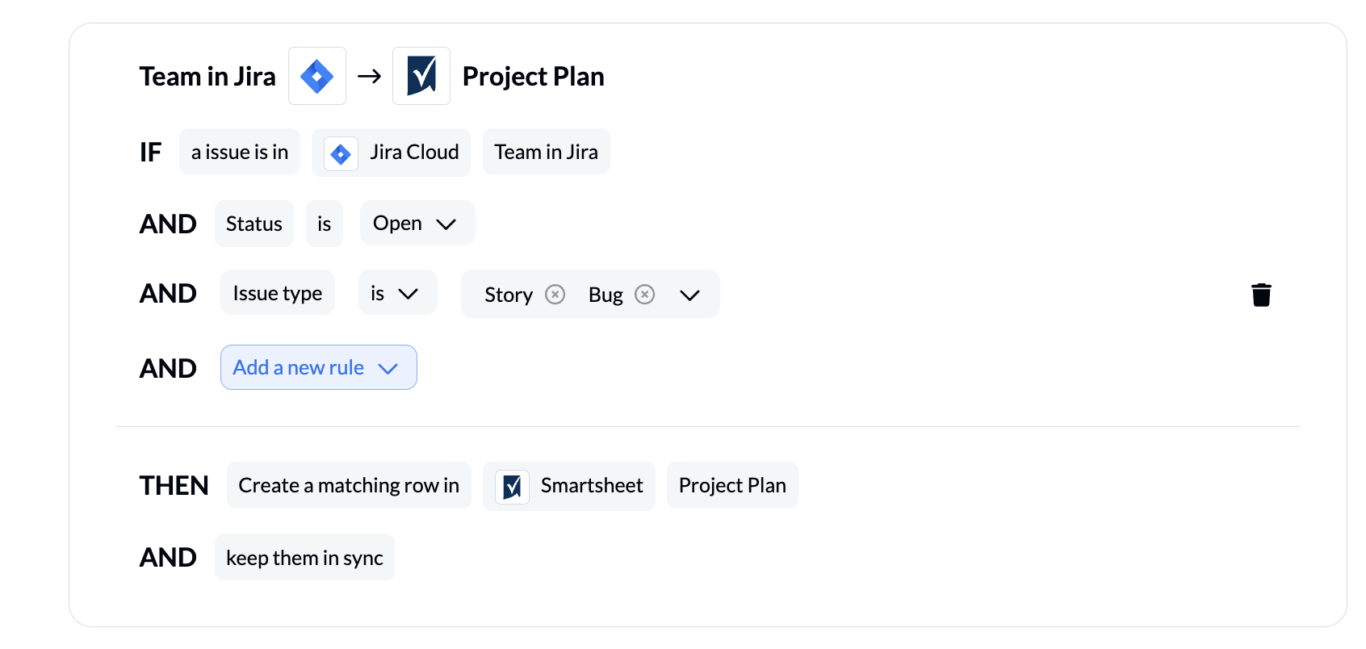 Rules to sync Jira Smartsheet